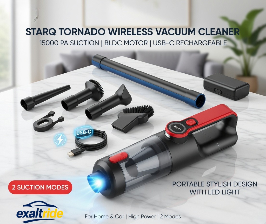JayeCaughe1j's tweet photo. Keep your car and home spotless with the Starq Tornado Wireless Vacuum Cleaner from ExaltRide. Its 15, 000 PA suction, BLDC motor, USB-C charging, LED light, two modes, and versatile attachments tackle dust, pet hair, and tight spaces anywhere. https://t.co/IcKyARMce5