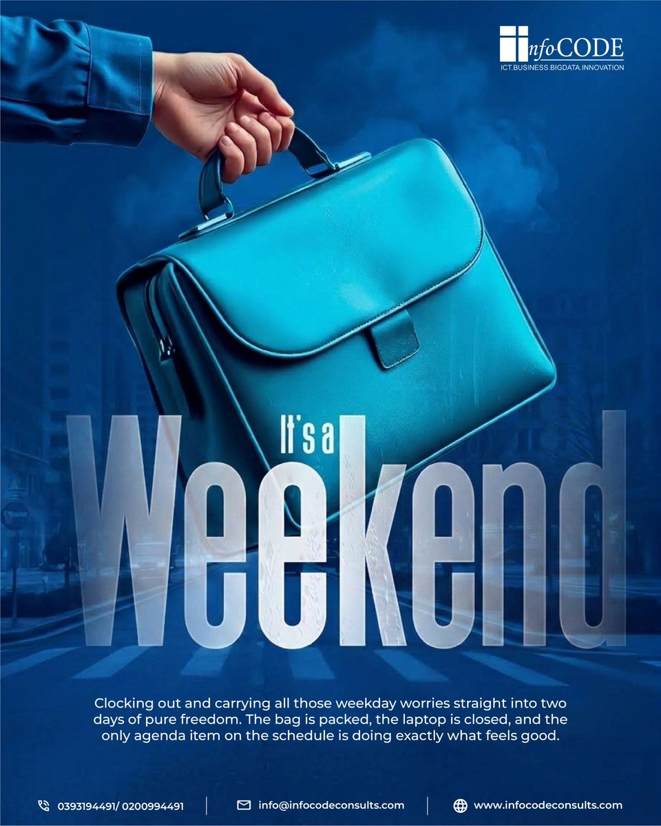 ConsultsCode's tweet photo. After a week of hard work, it’s time to unwind, recharge, and enjoy the moments that matter. 💙

Happy Weekend from all of us at Info-Code Consults Ltd! 

#HappyWeekend #WeekendVibes #InfoCodeConsults #WorkLifeBalance #RestAndRecharge #EnjoyTheWeekend #Uganda https://t.co/TuFO62eEbs