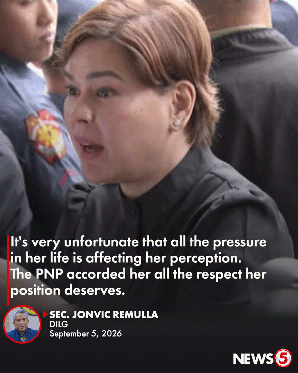 News5PH's tweet photo. 'WE KNEW HER WHEREABOUTS... BUT WE DID NOT FORCE THE WARRANT'

Pumalag si DILG Sec. Jonvic Remulla sa pahayag ni Vice Pres. Sara Duterte kaugnay ng kanyang seguridad sa pagpiyansa niya sa QC Hall of Justice ngayong Sabado, Sept. 5.

"We have all the body [camera] footages of her warrants being served. We have all the body cam footages of her arrival to post bail," saad ng kalihim.

"We knew of her whereabouts the night before but we did not force the warrant of arrest," dagdag pa niya.