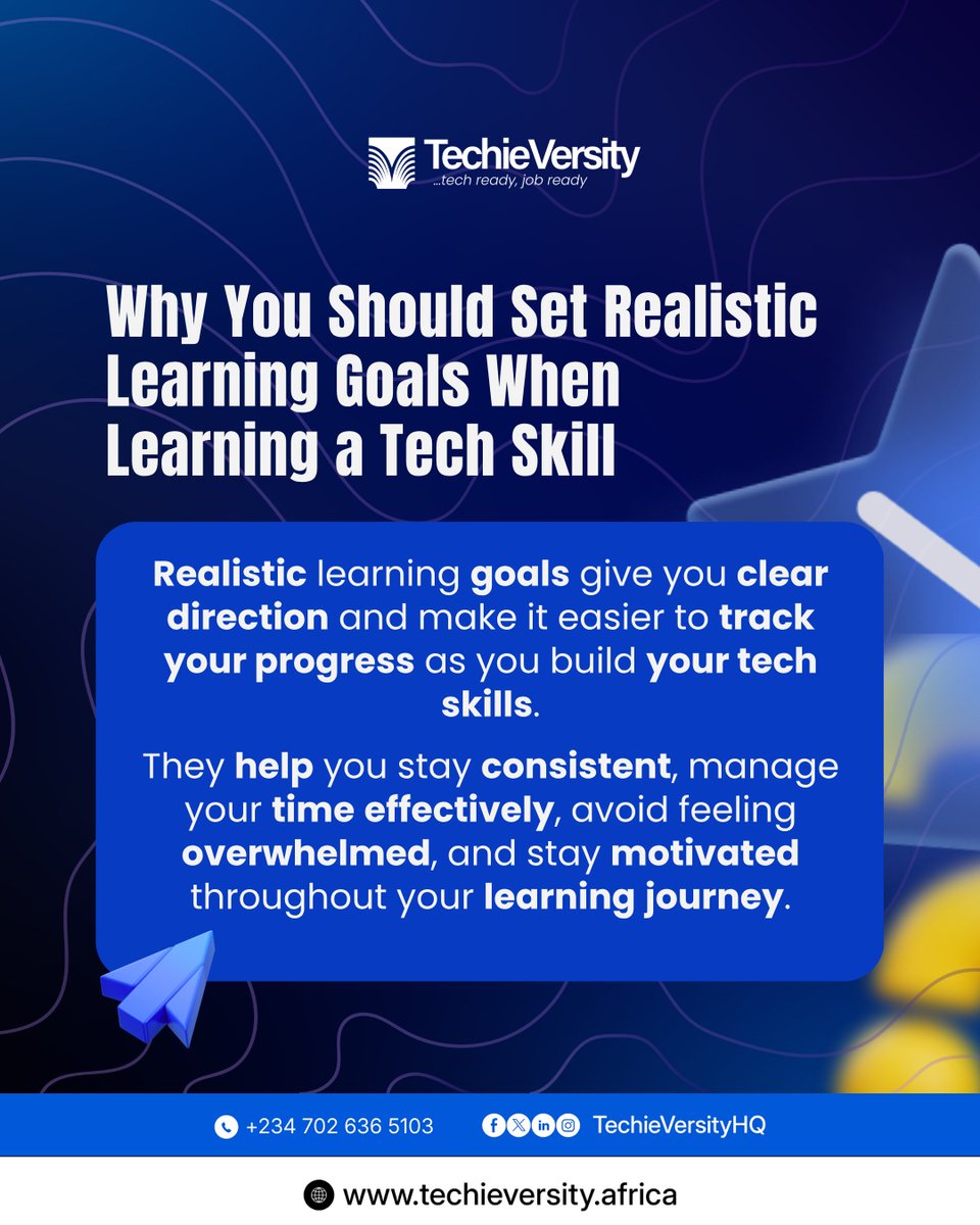 TechieVersityHQ's tweet photo. You don’t have to learn everything at once. 

Setting realistic learning goals gives you direction, helps you stay consistent, and makes your tech journey easier to manage.

Start with goals you can achieve, track your progress, and celebrate each milestone along the way.

What’s one learning goal you’re working towards right now?

Let us know in the comments. 👇

#techieversity #growthmindset  #techcareers #learntech #growthtips
