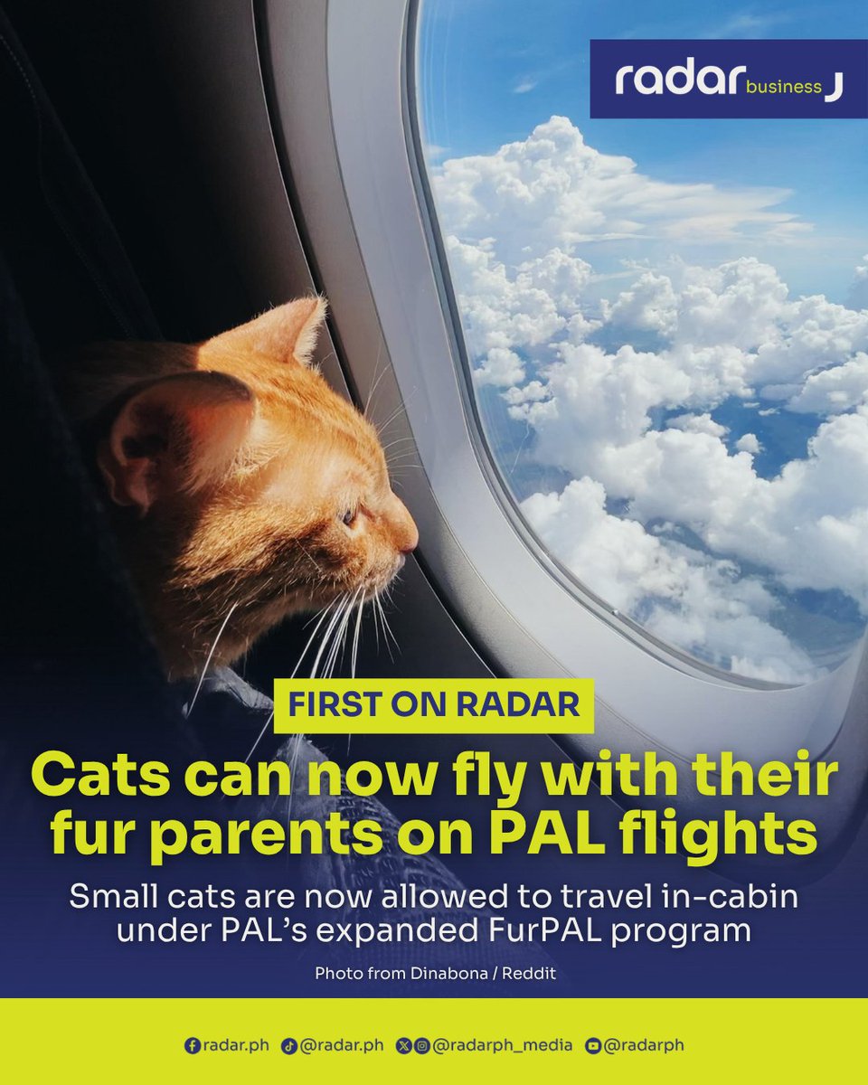 radarph_media's tweet photo. Philippine Airlines (PAL) is expanding its FurPAL program to include cats, giving more pet owners the option to bring their companions into the aircraft cabin when traveling domestically.

The flag carrier said the expanded program now allows one small dog or cat to travel in-cabin on all domestic flights, subject to applicable requirements and guidelines. The one-way fee starts at ₱2,500.

PAL launched FurPAL nine months ago as an in-cabin service for small dogs. The program gave pet owners an option to keep their pets with them during domestic trips instead of having them travel separately.

With cats now included, FurPAL covers more types of household pets while retaining the limit of one pet per passenger.

The expanded service can be used for domestic trips ranging from leisure travel and visits to family and friends to reunions in other cities.

Details on booking requirements, pet travel guidelines and other program information are available through PAL's official website and channels.

(✍️: Kenneth M. del Rosario)

#radarPHBusiness #radarPH