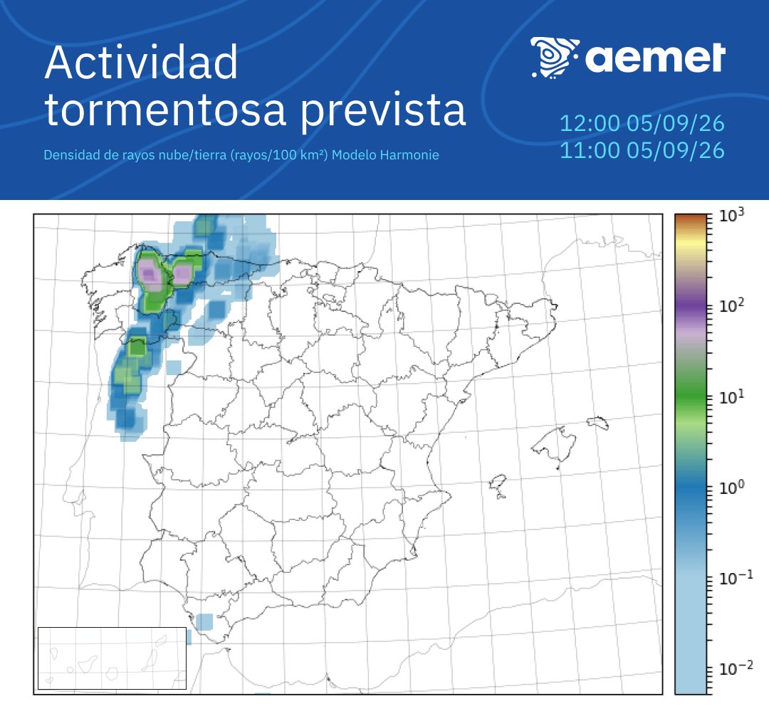AEMET_Esp's tweet photo. 🌡️ Este sábado continuará el calor intenso en buenaparte del país, incluidas las islas: podrán alcanzarse o superarse los 36 a 39 °C en función de las zonas. 

⛈️ Las tormentas, además, podrán ser muy fuertes en áreas de Galicia y Asturias, con viento muy fuerte y granizo grande. https://t.co/EHKoGg94F5