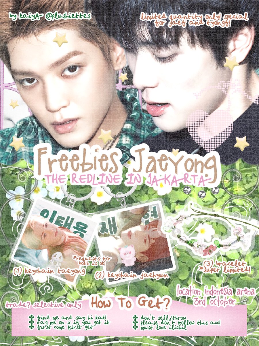 plushiettes's tweet photo. FREEBIES JAEYONG NCT 127
NEO CITY 5 THE REDLINE IN JAKARTA

for my valentines and tyongfs 👯‍♀️
🎁 : keychains by kaiyA and cutie bracelets
📍: indonesia arena, 3rd october

retweets and likes appreciated

​#NCT127   #THE_REDLINE_JAKARTA #NCT127_5TH_NEOCITY_THE_REDLINE https://t.co/RTypgJuRUw