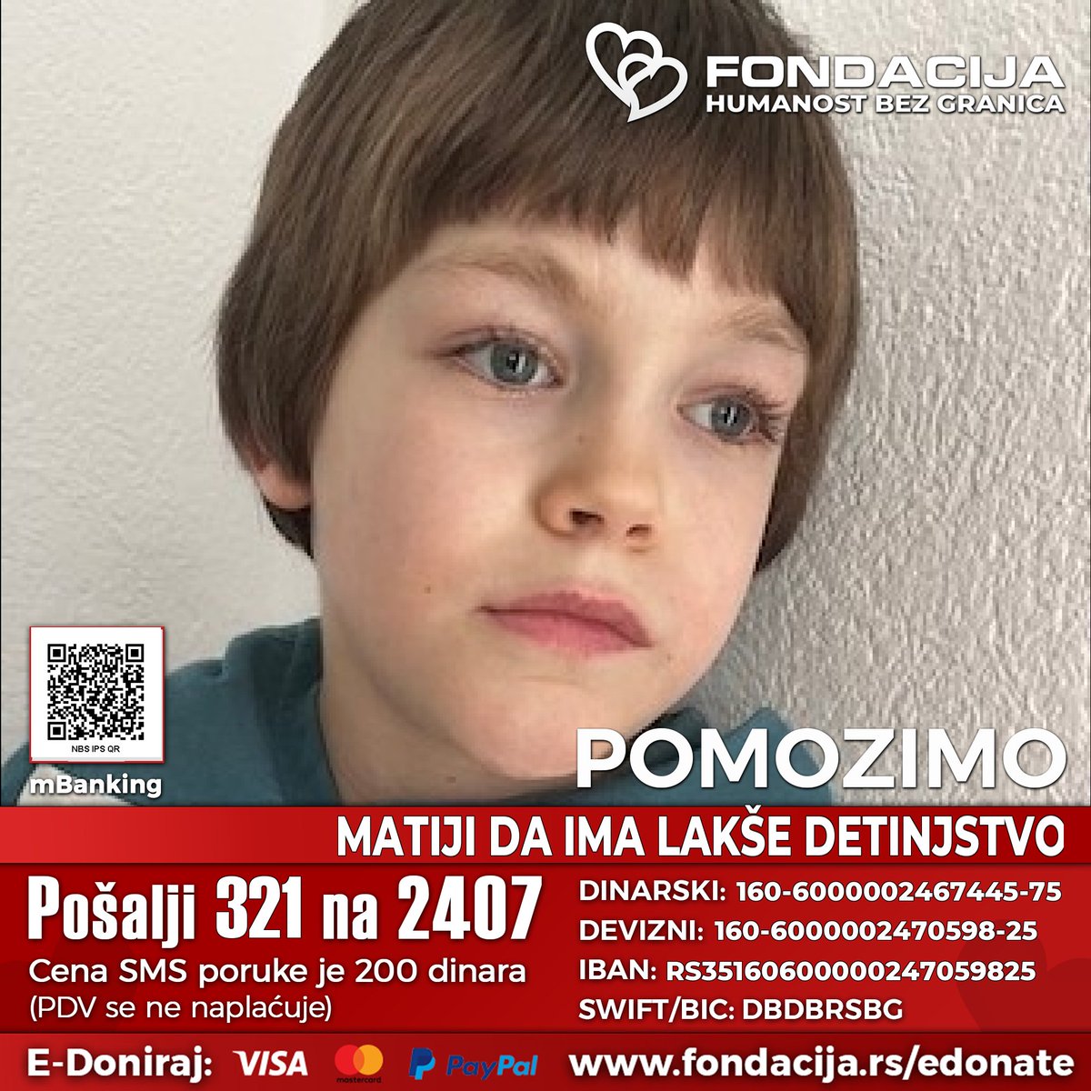 Vladano's tweet photo. Matija boluje od neurodegenerativnog oboljenja (PANK2 mutacija), praćenog distonijom i retinopatijom.

Pomozimo!

🇷🇸 Pošalji SMS: 321 na 2407
https://t.co/1g1msON2Pq
(link za mobilne)

Skeniraj QR kod - mBanking

E-Doniraj - VISA, MasterCard, PayPal:
https://t.co/0ulYVIg8Tm https://t.co/SIaGUaxob7