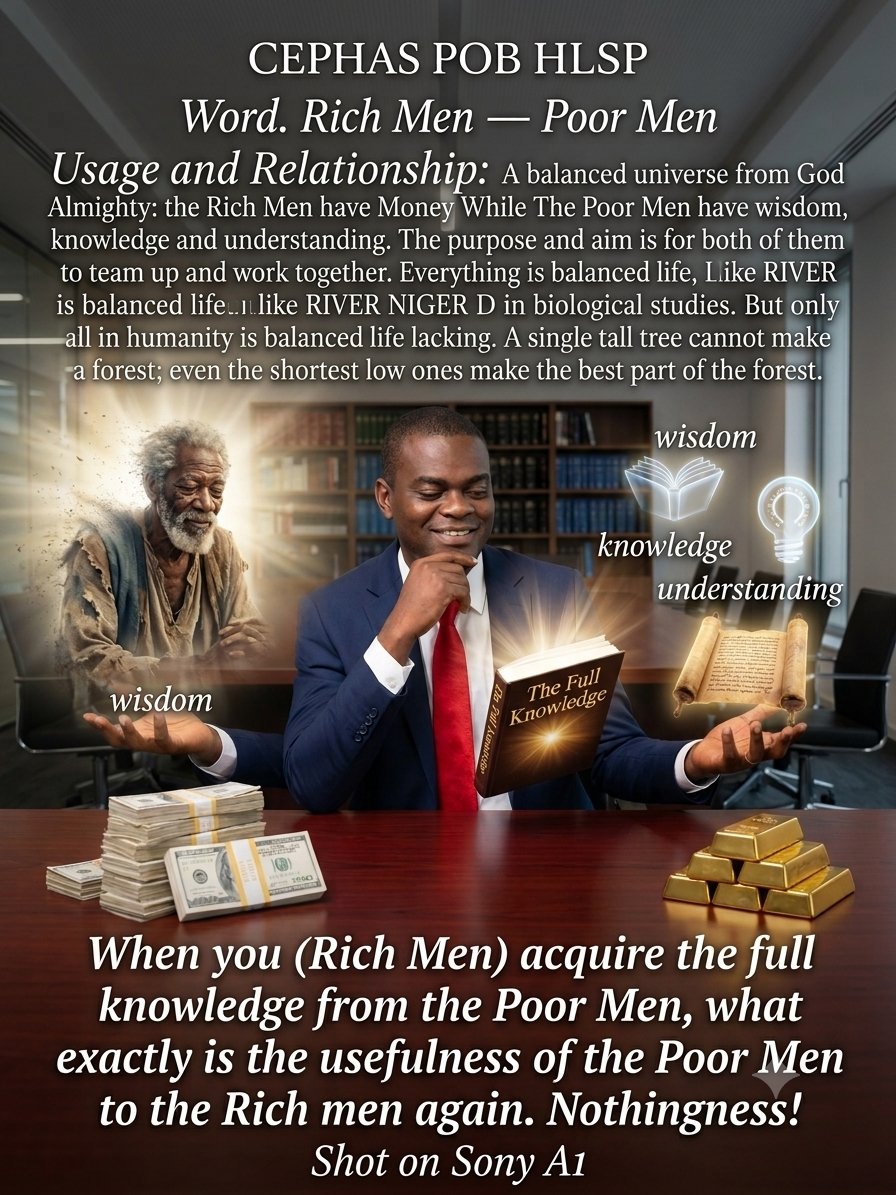 hlsp_pob's tweet photo. CEPHAS POB HLSP Word.
Rich Men — Poor Men Usage and Relationship:
💵 Balanced Universe from God Almighty: The Rich Men have Money While The Poor Men have wisdom, knowledge and understanding.
💵 The purpose and aim is for both of them to team up and work together. Everything is https://t.co/K3KroGMCro
