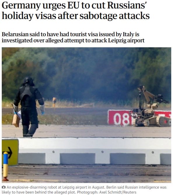 jurgen_nauditt's tweet photo. Germany calls on the EU to restrict tourist visas for Russians following a sabotage attempt – The Guardian.

After 1,655 days of Russia's brutal war of aggression in Europe. 🐌🐌🐌🐌🐌🐌🐌🐌🐌🐌

The German Foreign Ministry stated that EU states are issuing too many tourist visas to Russian citizens. Berlin believes this runs counter to the policy of isolating Russia and complicates the monitoring of entry into the European Union.

The debate intensified following the arrest of a Belarusian national holding a Russian passport, who is suspected of planning a drone and explosives attack on Leipzig Airport. He had entered the Schengen Area using a tourist visa issued by Italy.

In 2025, Italy issued more than 165,000 visas to Russian citizens—nearly three times as many as in 2021. Meanwhile, Estonia, Latvia, Lithuania, Finland, Poland, and the Czech Republic have effectively stopped issuing tourist visas to Russians.

As a reminder: Following the attempted act of sabotage at Leipzig Airport, Germany is also considering the possibility of providing Ukraine with target coordinates for attacks on Russia.
