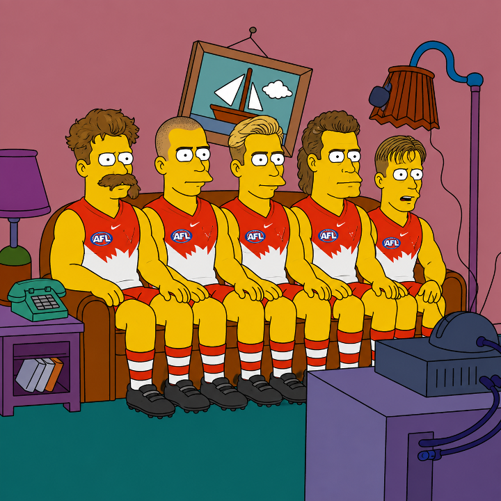 MemesAFL's tweet photo. The Pullman 5 watching the Swans pull off one of the greatest finals wins in the club’s history https://t.co/DQGig4lCm0