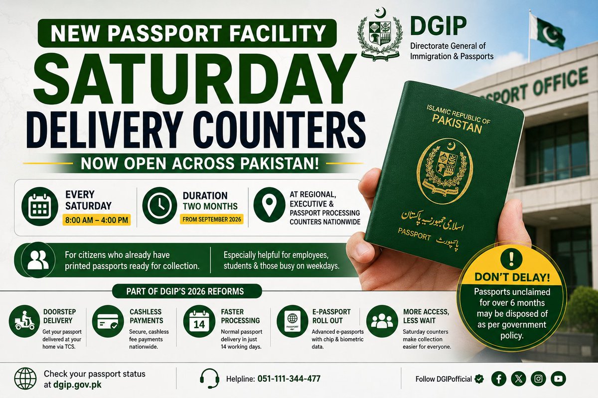 GMustafa76972's tweet photo. https://t.co/gwJwMENzqO
Pakistan Passport Update 🇵🇰: Saturday Delivery Counters Open Nationwide

#PassportPakistan #DGIP #PakistanUpdates #PassportUpdate #SaturdayService #PakistanPassport #EPassport #DGIPUpdate #PakistanNews https://t.co/0mvGICW9EL