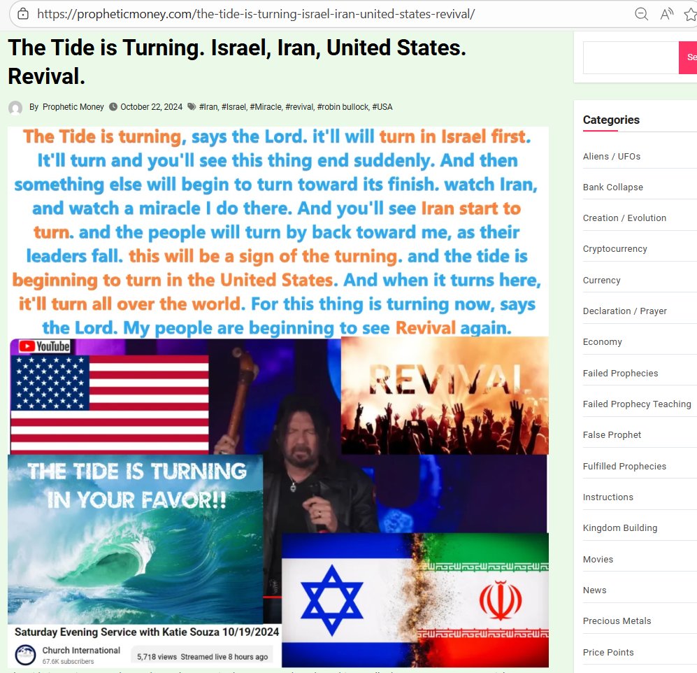 Prophetic_Money's tweet photo. Robin Bullock 10-19-2024

Tide is turning
Israel First - end Suddenly
Something else will begin
Watch Iran
Then United States
Then the World
Revival https://t.co/NS8kn7SMyt