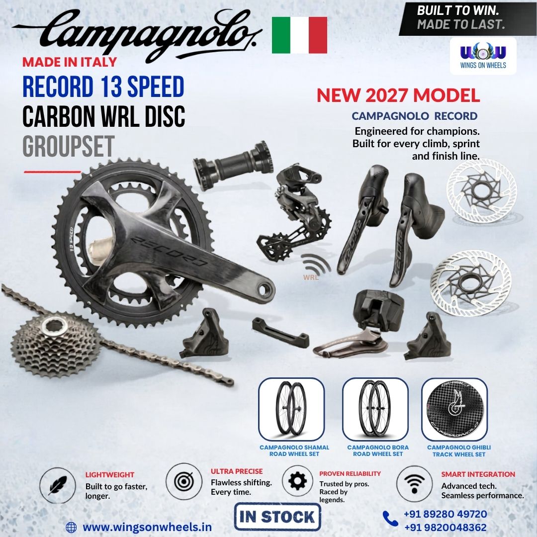 GeorgettaVrl's tweet photo. Built for champions and every climb, sprint, and finish—the new 2027 Campagnolo Record 13-Speed Carbon WRL Disc Groupset is here. Enjoy precise wireless shifting, lightweight carbon construction, and seamless performance. In stock now at Wings on https://t.co/ttn3YXmOQH