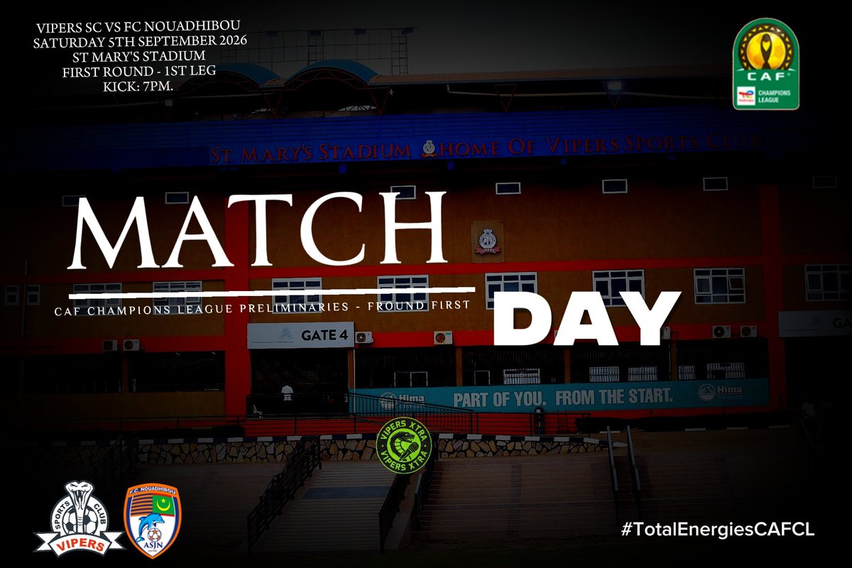 VipersXtra's tweet photo. 𝗜𝗧'𝗦 𝗠𝗔𝗧𝗖𝗛𝗗𝗔𝗬  !!!
     🔴 @VipersSC ⚫

⚽ CAF champions preminarlies 
🔁 Round One - First leg 
🏟 St Mary's Stadium 
🆚 @fcndbofficiel
⏰ 19:00 hrs  EAT

Let's gooo Vipers 🌍

#AfricanFootball #Viperssc #HalaVipers
#TotalEnergiesCAFCL #VenomsUpdates https://t.co/u36VQtikl4