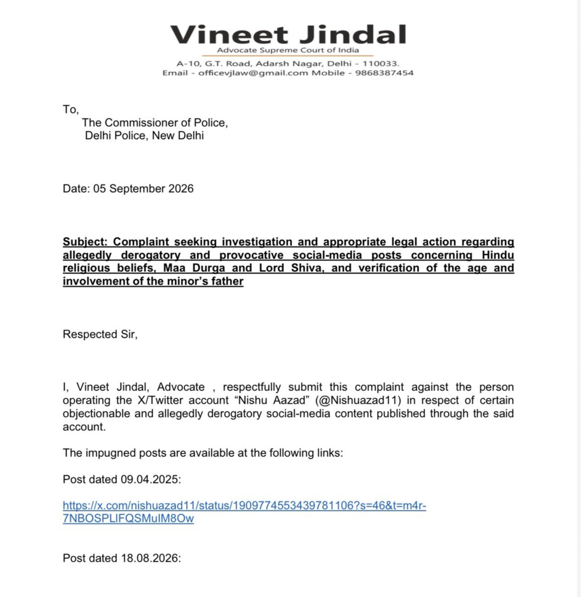 HCP_2026's tweet photo. BIG 🚨

Advocate @VineetJindal_ has filed a complaint with @CPDelhi and the Delhi Police Cyber Cell against Sanjay Azad and his minor daughter Nishu Azad.

The complaint alleges derogatory and objectionable comments regarding Hindu God’s.

The complaint seeks an FIR under sections 196 and 299 of the CrPC and relevant sections of the IT Act, and an investigation and appropriate legal action.