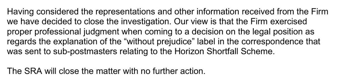 DanNeidle's tweet photo. The Post Office told wrongly-accused postmasters that their compensation offers were secret, and couldn't be shown to anyone.

That was false.

The Solicitors Regulation Authority was about to prosecute the lawyers responsible. But now it's dropped the case, and won't say why. https://t.co/qFt7WeadRo