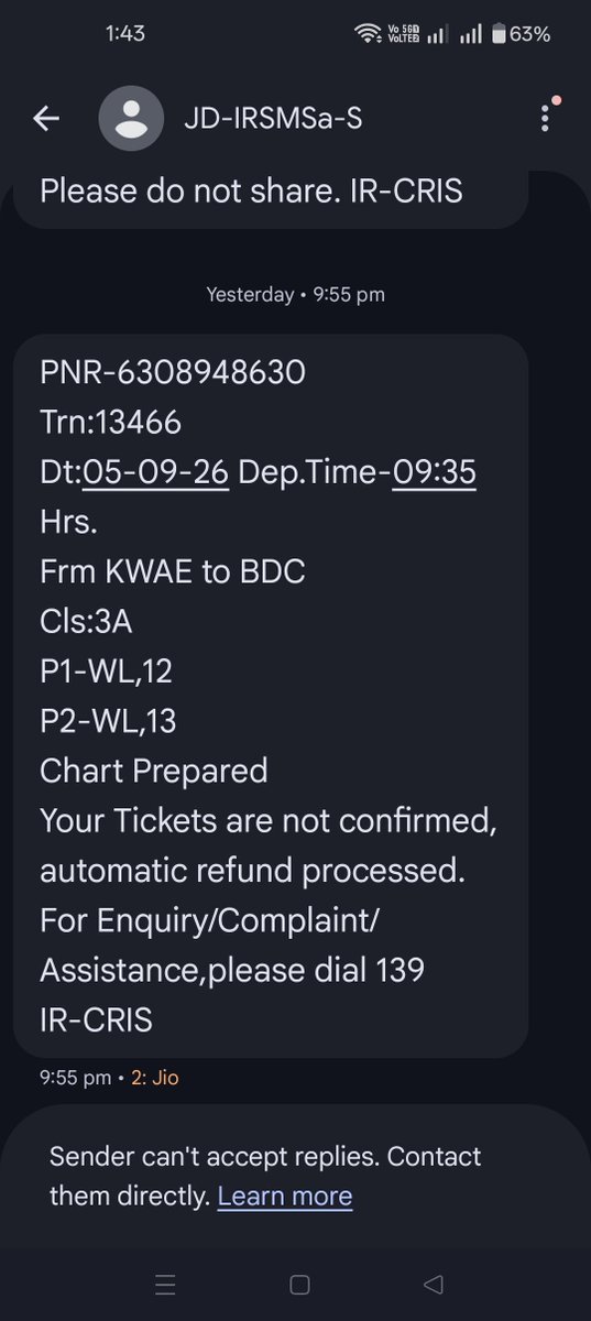 ashiful70763's tweet photo. PNR-6308948630
Trn:13466
Dt:05-09-26 Dep.Time-09:35 Hrs.
Frm KWAE to BDC
Cls:3A
P1-WL,12
P2-WL,13
Chart Prepared
My ticket was not confirmed, and the refund amount has not yet been credited to my account @RailwaySeva @RailMinIndia https://t.co/4ldejPZ0V8