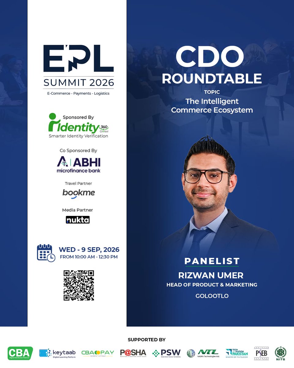 eplsummitpk's tweet photo. We are honored to welcome 𝗥𝗶𝘇𝘄𝗮𝗻 𝗨𝗺𝗲𝗿, 𝗛𝗲𝗮𝗱 𝗼𝗳 𝗣𝗿𝗼𝗱𝘂𝗰𝘁 &amp; 𝗠𝗮𝗿𝗸𝗲𝘁𝗶𝗻𝗴 at 𝗚𝗼𝗹𝗼𝗼𝘁𝗹𝗼, as a distinguished panelist for the 𝗖𝗗𝗢 𝗥𝗼𝘂𝗻𝗱𝘁𝗮𝗯𝗹𝗲 at 𝗘𝗣𝗟 𝗦𝗨𝗠𝗠𝗜𝗧 𝟮𝟬𝟮𝟲! #EPLSummit2026 #GhazanfarAliKhan https://t.co/BESSz4WTT2