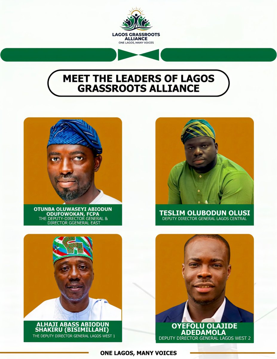 Lagosgrassroots's tweet photo. MEET THE GRASSROOTS COMMANDERS.

The Deputy Directors-General of Lagos Grassroots Alliance

Four leaders. Three Senatorial Districts. One coordinated vision for a stronger grassroots movement.

One Lagos!
Many Voices!! https://t.co/TSUu0HPkTm
