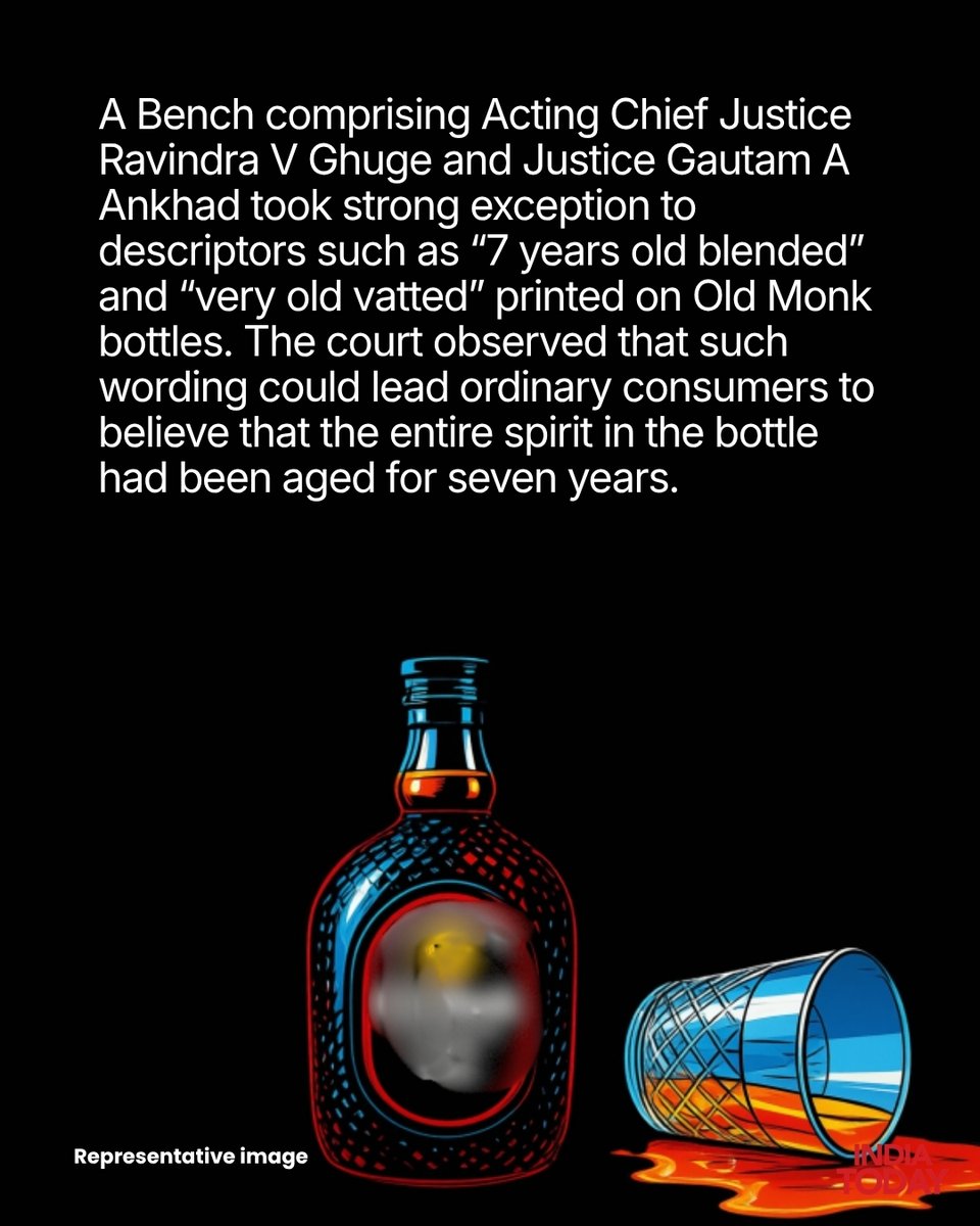 IndiaToday's tweet photo. Old Monk sales in Maharashtra will remain banned for now after the Bombay High Court refused immediate interim relief against the FSSAI order. The court questioned the rum’s “7 years old blended” label and said the small-print disclosure about added flavourings could mislead consumers. The manufacturer has agreed to revise the labels, while FSSAI maintains that the product may need to be sold as a “rum-flavoured spirit.” The case will be heard next on September 11.

Read more: https://t.co/rVWI78zUFP | @journovidya

#OldMonk #Maharashtra #BombayHighCourt #FSSAI #IndiaTodaySocial