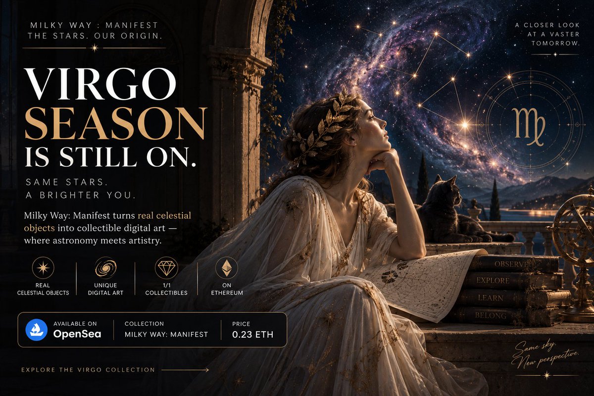 AishWhisky's tweet photo. ♍ Virgo season is still on. ✨

Same stars. A new perspective.

Milky Way : Manifest turns real celestial objects into collectible digital art. 🌌

Explore the Virgo collection 👇
https://t.co/541eiKhjkO

#September #Virgo #VirgoSeason #NFTart #SpaceArt #Astronomy #Ethereum https://t.co/fyf6jYNgKu