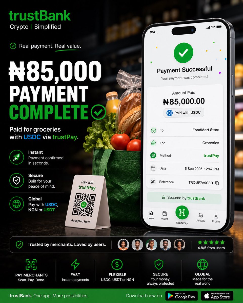 trustbanktech's tweet photo. ₦85,000. PAYMENT COMPLETE. ✓
Bukola paid for her groceries with USDC via trustPay. No cash-out. No unnecessary steps. Just a payment that works.
Download trustBank and start using crypto in real life. 💚
#trustBank #trustPay #USDC #BabyUdonFilm https://t.co/caUOTlJFoe