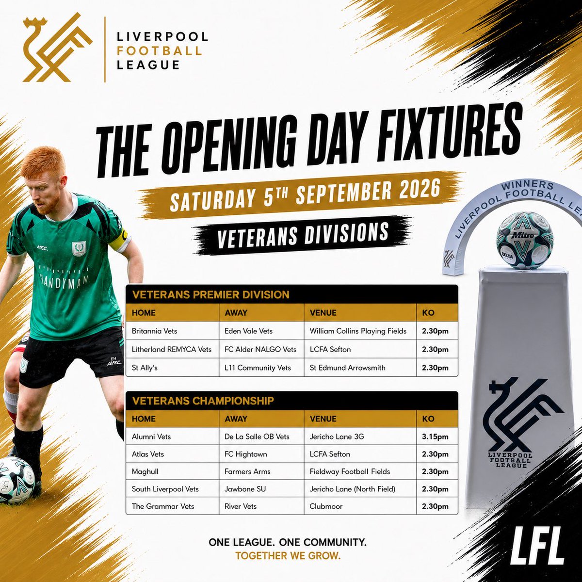 lpoolfl's tweet photo. THE OPENING DAY | 🗓️
Saturday 5th September 2026

We are back! And an exciting set of fixtures awaits today. 

The only tweak to the displayed fixtures;
• Bankhall/Waterloo GSOB - PP
• Alumni Vets/De La Salle - reversed to Sandy Lane (Lydiate), 2.30pm KO

Good luck all! #LFL https://t.co/DjTNbG3p9a