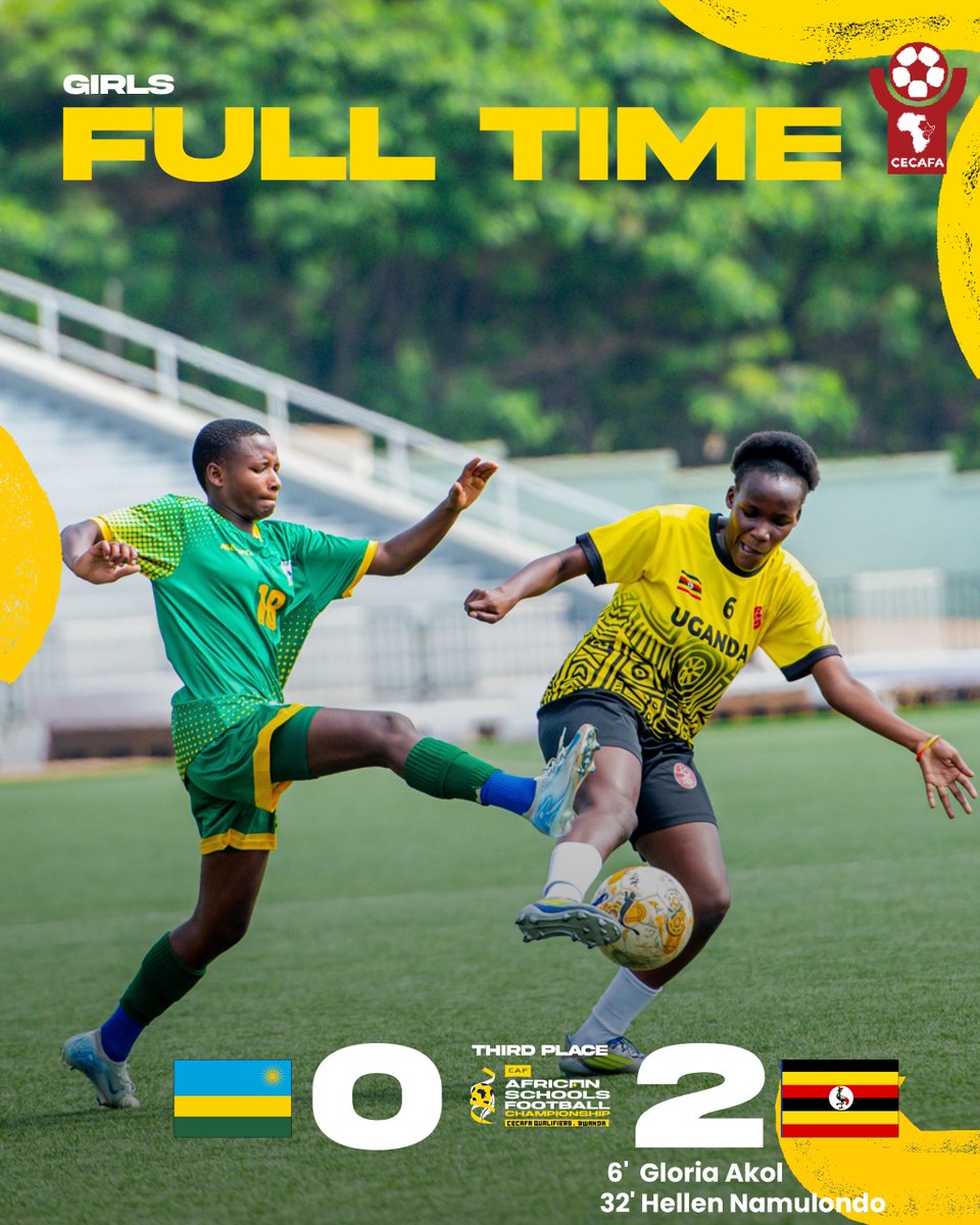 cecafawomen's tweet photo. FT: Uganda 2-0 Rwanda The Ugandan U15 Girls' team has officially secured the bronze medal in the CAF African Schools Football Championship CECAFA Qualifiers
β½οΈ 6' Gloria Akol
β½οΈ 32' Hellen Namulondo
#AFSC2026 #YouthFootball https://t.co/mCudkDdhcD