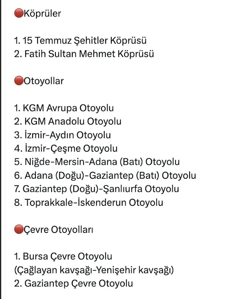 GazeteAlinteri5's tweet photo. 🔻Köprü ve Otoyollar İçin 30 Yıllığına Özelleştirme Kararı

2 boğaz köprüsü, 8 otoyol ve 2 çevre yolu Cumhurbaşkanlığı kararıyla özelleştirme kapsamına alındı. 30 yıllık işletme süresini kapsayan devir işlemlerinin 2031’e kadar tamamlanması öngörülüyor👇

https://t.co/zwOGhGfqgx https://t.co/6jt1OjX43F