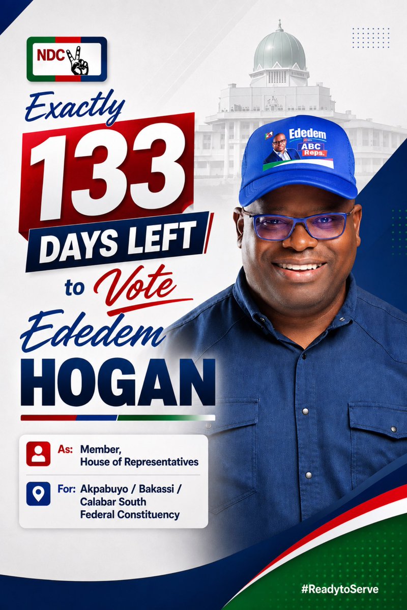 ededem_hogan's tweet photo. 133 DAYS TO GO! 🇳🇬

With every passing day, I am reminded of the responsibility that comes with seeking your mandate to represent Akpabuyo, Bakassi and Calabar South at the National Assembly.

I am running to deliver a representation that works for you, one that creates opportunities, support jobs and skills development, empowers our young people and women, and brings meaningful development to our communities.

I bring competence, capacity, integrity and a commitment to service to the table.

#ReadyToServe