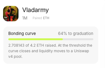 ChameleonMate's tweet photo. More than halfway there to completing the bonding curve $Vladarmy. Just 36% left to go. Today, let's rally the 1M strong to send $1M into Uniswap. https://t.co/RTWhfybcWh