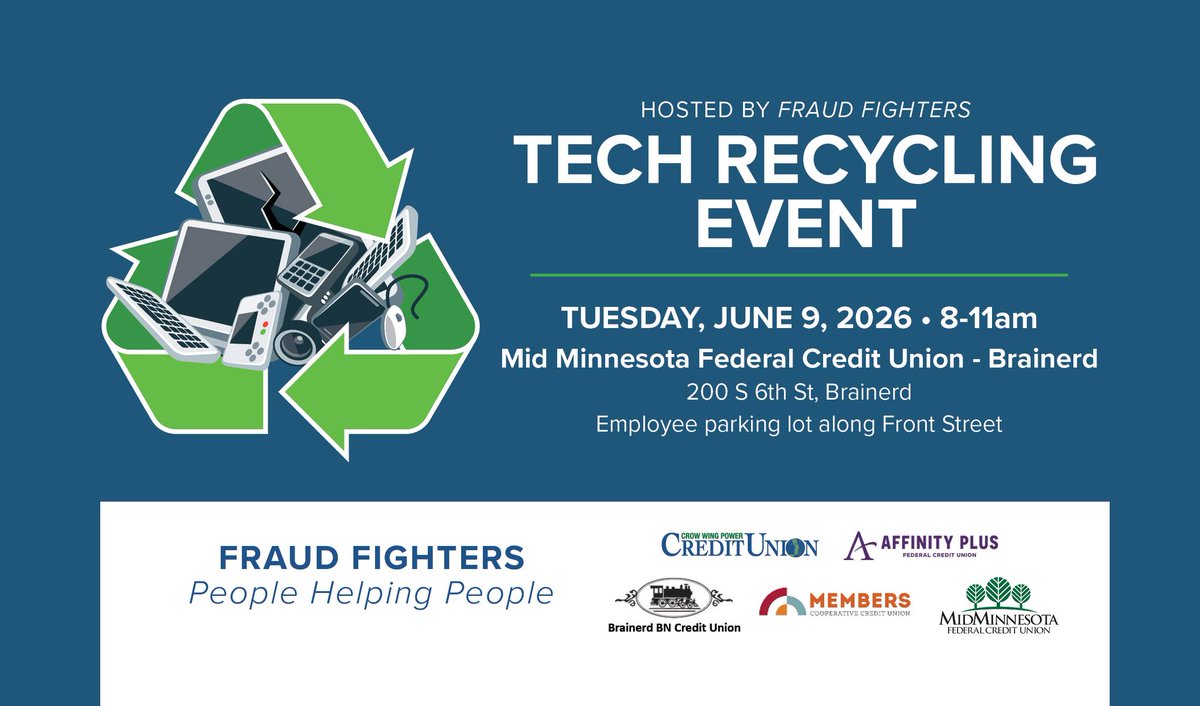 HazelBouldin's tweet photo. Mark your calendars and gather your personal tech devices for recycling! In partnership with Financial Fraud Fighters, safely recycle phones, computers, tablets, and more. Donations go to PCs for People. No TVs, large monitors, smart boards, https://t.co/2I3Cv1PiOA