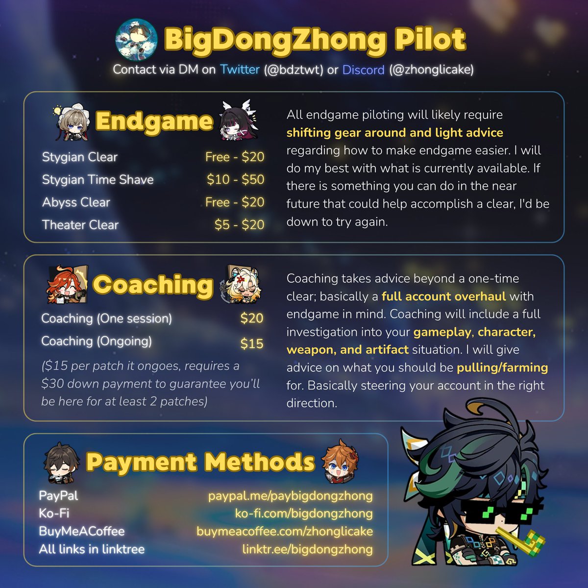 bdztwt's tweet photo. BIGDONGZHONG PILOTING

GENSHIN ENDGAME &amp; ACCOUNT COACHING

DM FOR SERVICES / QUESTIONS https://t.co/SIN0tIknyN