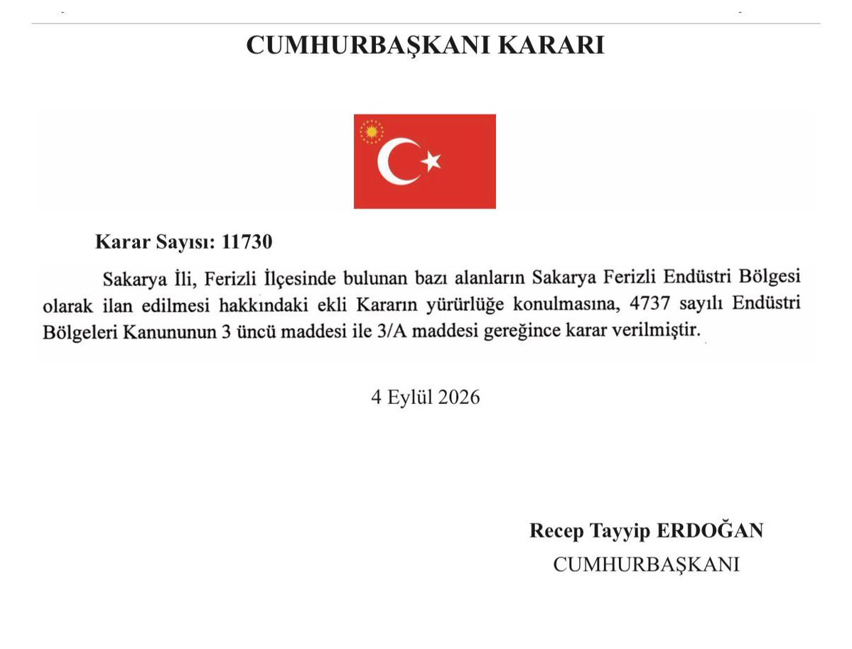 yunustever's tweet photo. Cumhurbaşkanımız Sayın Recep Tayyip Erdoğan’ın imzasıyla yayımlanan Resmî Gazete kararıyla, Ferizli ve Kaynarca ilçelerimizde toplam yaklaşık 586 hektarlık alan Endüstri Bölgesi ilan edildi.

Sakarya’mızın üretim ve yatırım kapasitesini daha da güçlendirecek bu önemli kararın; yeni yatırımların, istihdamın ve katma değerli üretimin önünü açacağına inanıyoruz.

Şehrimizin sanayi ve ekonomi alanındaki gücüne güç katacak bu önemli gelişmenin Sakarya’mıza, Ferizli ve Kaynarca ilçelerimize hayırlı olmasını diliyorum.

Başta Cumhurbaşkanımız Sayın Recep Tayyip Erdoğan olmak üzere, şehrimize yönelik yatırımlara ve üretim vizyonuna verdikleri güçlü desteklerden dolayı Sanayi ve Teknoloji Bakanımız Sayın Mehmet Fatih Kacır’a ve emeği geçenlere teşekkür ediyoruz.