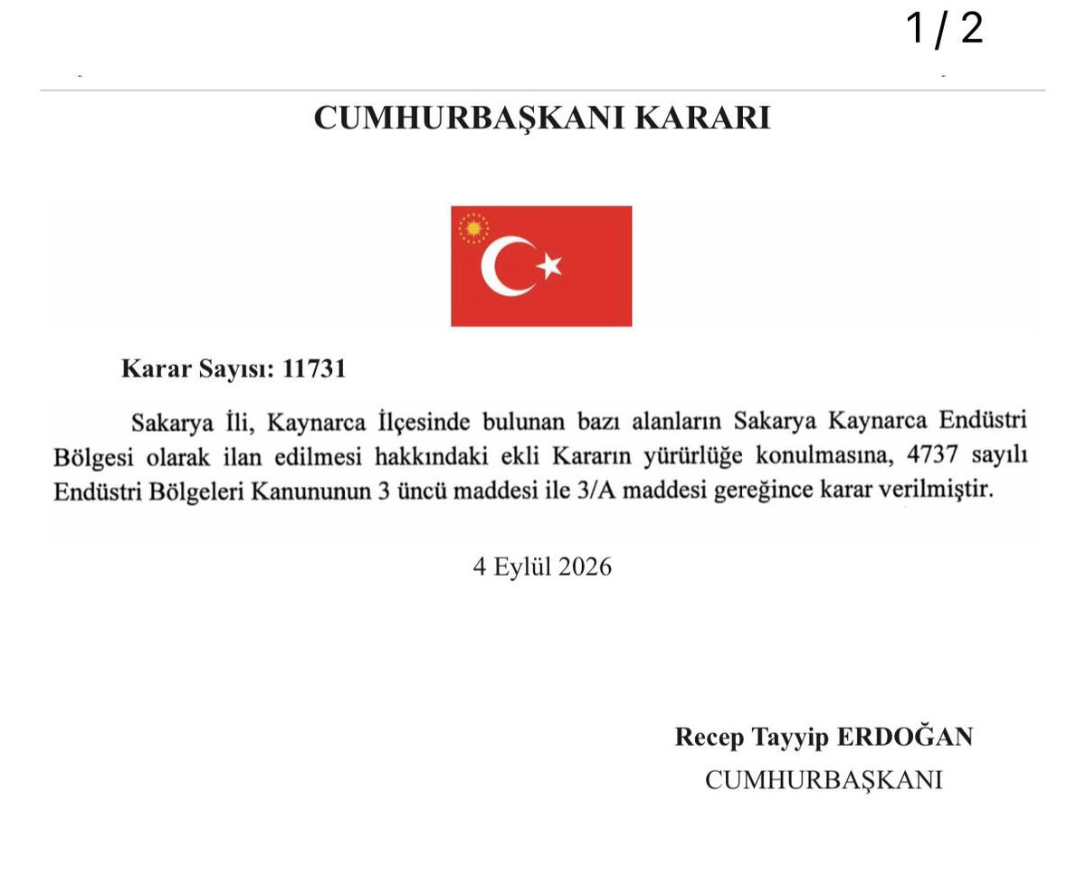 yunustever's tweet photo. Cumhurbaşkanımız Sayın Recep Tayyip Erdoğan’ın imzasıyla yayımlanan Resmî Gazete kararıyla, Ferizli ve Kaynarca ilçelerimizde toplam yaklaşık 586 hektarlık alan Endüstri Bölgesi ilan edildi.

Sakarya’mızın üretim ve yatırım kapasitesini daha da güçlendirecek bu önemli kararın; yeni yatırımların, istihdamın ve katma değerli üretimin önünü açacağına inanıyoruz.

Şehrimizin sanayi ve ekonomi alanındaki gücüne güç katacak bu önemli gelişmenin Sakarya’mıza, Ferizli ve Kaynarca ilçelerimize hayırlı olmasını diliyorum.

Başta Cumhurbaşkanımız Sayın Recep Tayyip Erdoğan olmak üzere, şehrimize yönelik yatırımlara ve üretim vizyonuna verdikleri güçlü desteklerden dolayı Sanayi ve Teknoloji Bakanımız Sayın Mehmet Fatih Kacır’a ve emeği geçenlere teşekkür ediyoruz.