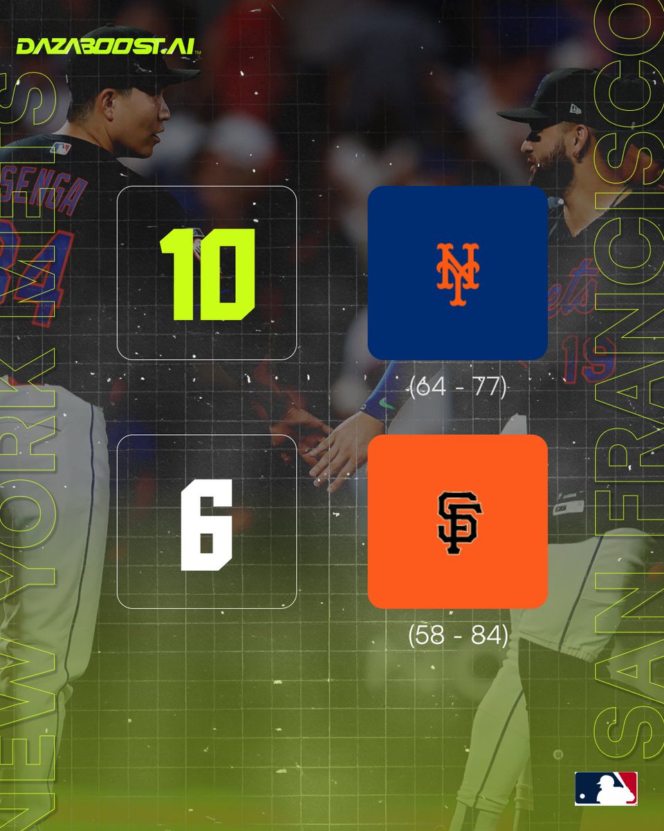 Dazaboost's tweet photo. The Mets take this one 10-6 over the Giants.

New York brings the offense early and pulls away for a comfortable win, improving to 64-77 while San Francisco drops to 58-84

.#MLB #Mets #Giants #LGM #SFGiants #Baseball #MLBUpdates https://t.co/q2hz6CH0bC