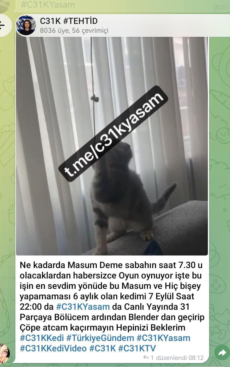Srpulsy's tweet photo. 🚨Kanala sızan bir kişinin ihbarıdır.

C31K adlı örgüt Telegramda 7 ve 15 Eylül tarihlerinde yeni kanalların açılışına özel canlı yayında katliam videoları paylaşacakları,
okulların açılışı ile ilgili 3 okulda planları olduğunu paylaşıyor.
Kanalda öldürülecek kedinin videolarını koymuşlar. Ayrıca işkence edilen kedilerin fotoğraf ve videolarını paylaşıyorlar. 

 @TC_icisleri 
@mustafaciftcitr 
@EmniyetGM 
@SiberayEGM
