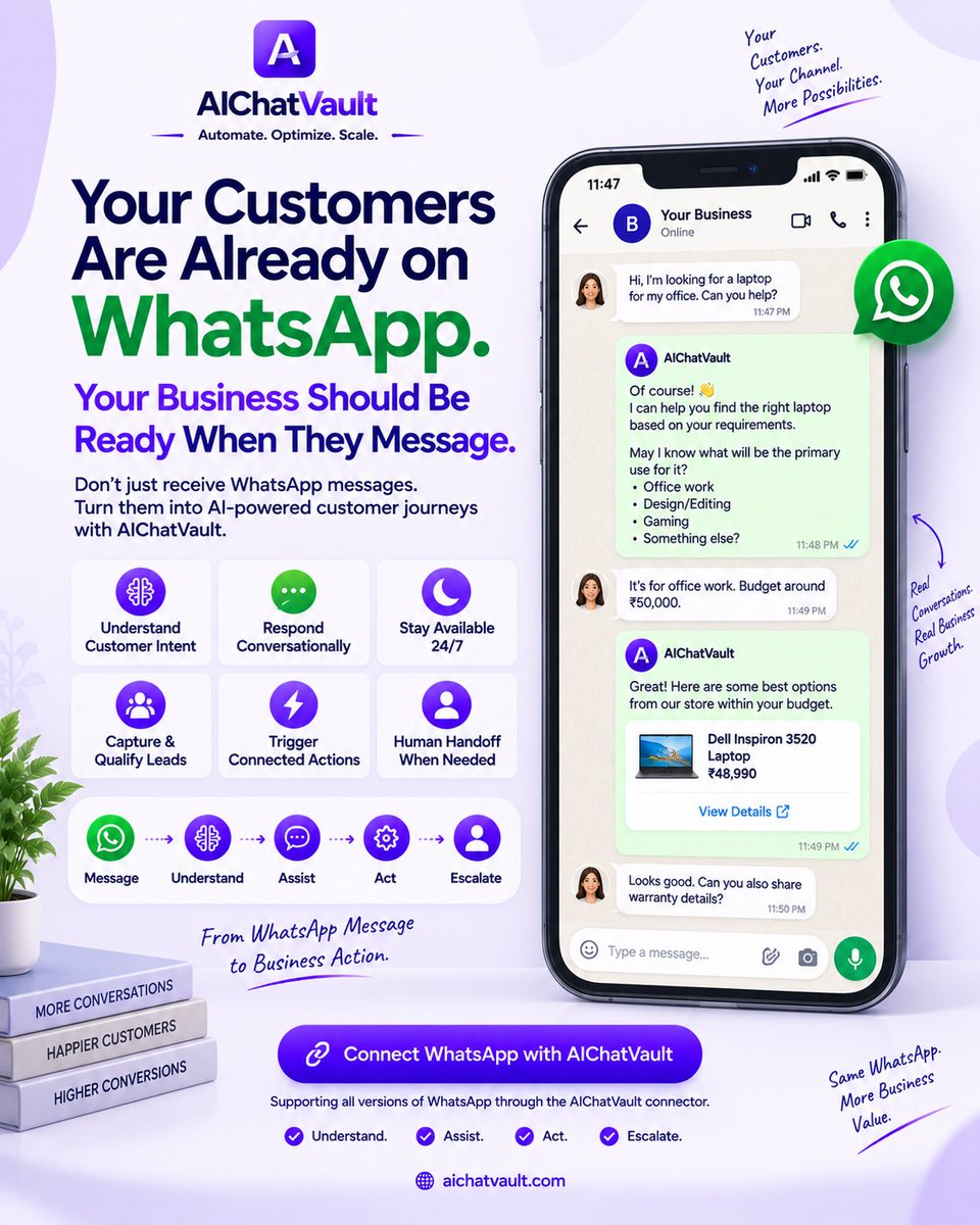 aichatvault's tweet photo. Your customers are already on WhatsApp. 💬

Turn messages into action with AIChatVault:

🧠 Understand intent
💬 Assist
🎯 Qualify opportunities
⚡ Trigger actions
👤 Escalate when needed
Message → Understand → Assist → Act
#AIChatVault #WhatsAppBusiness #AI https://t.co/cqNojEovqX