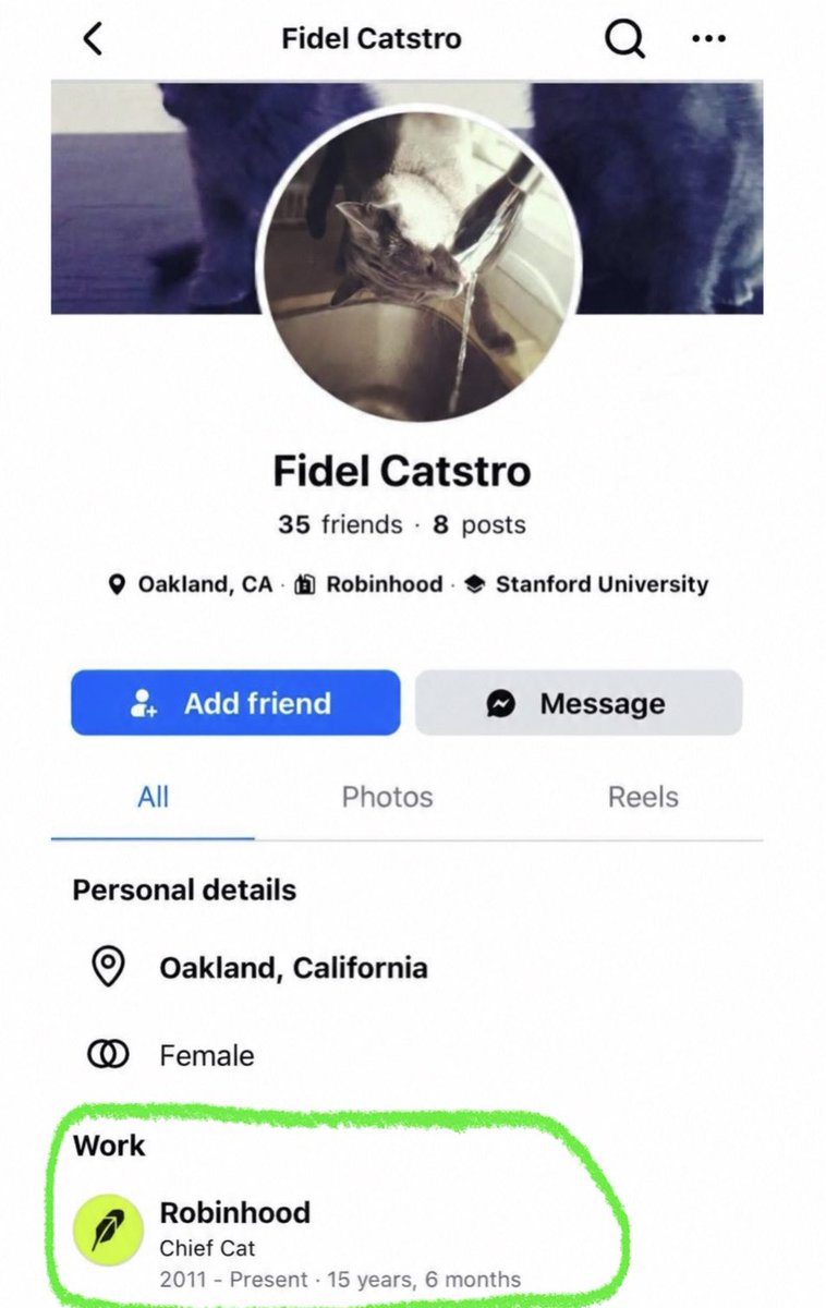 FidelCatstro_RH's tweet photo. On her Facebook profile, under “Work,” Baiju listed her position as:

“Chief Cat” at Robinhood — since 2011.

Fifteen years on the job. And now $CATSTRO is a token on Robinhood.

https://t.co/OyWzoSVuyR https://t.co/1WoNfvFMVl