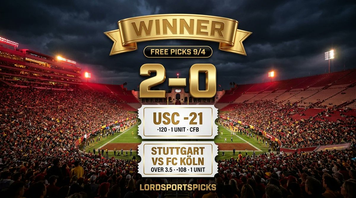 LordSportsPicks's tweet photo. Recap — Free picks 9/4

2-0.

College Football

🏈USC -21 ✅

Cashed.

Germany Soccer — Bundesliga

⚽️Stuttgart vs FC Köln Over 3.5 ✅

Cashed.

Next free play:

https://t.co/Aau6Ql9tnw https://t.co/4aUfNUkImZ