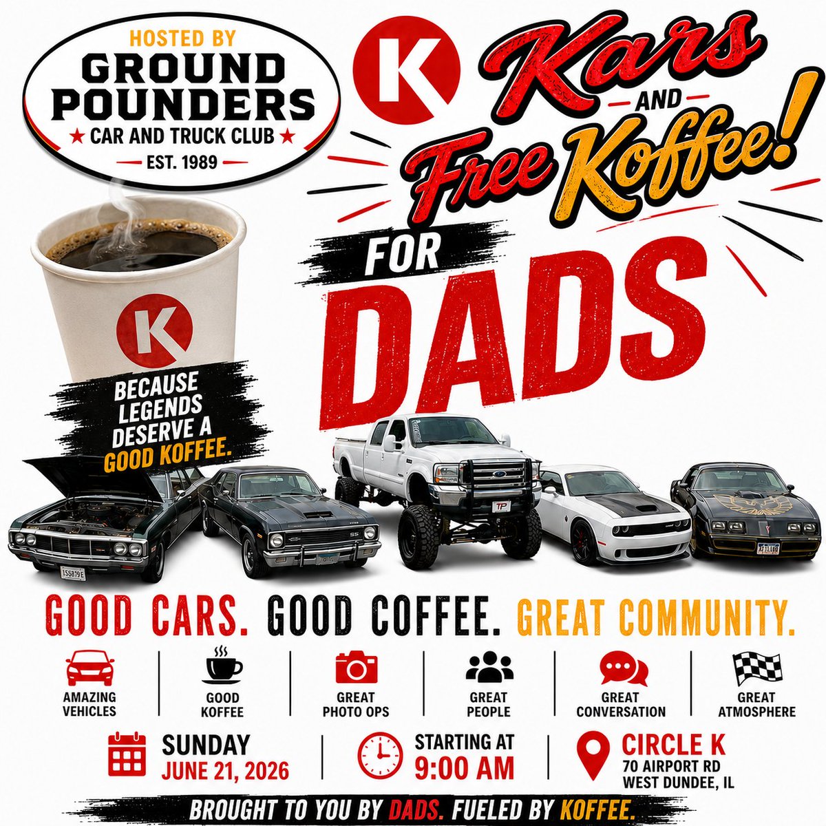 ShontaRave1ph's tweet photo. FREE COFFEE FOR DADS! This Sunday, all dads get FREE coffee at Kars &amp; Koffee! Bring your classic, muscle car, truck, bike—or just enjoy great vehicles and company. Sunday, June 21, 2026, 9 AM 
Circle K, 70 Airport Rd., West Dundee, IL https://t.co/6KcwTi8O6E