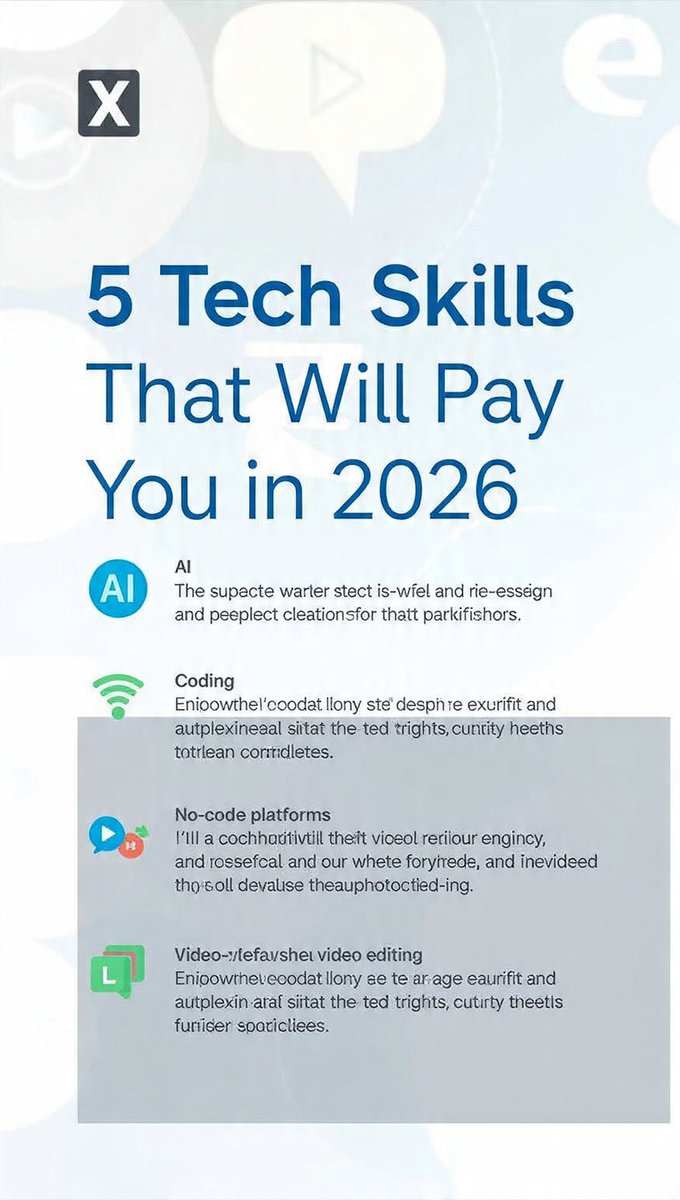minado_jr's tweet photo. 5 tech skills that will pay you in 2026 even with 0 experience:

1. AI Prompting
2. No-code automation 
3. Video editing with AI
4. Basic Python for data
5. Selling on social media

Save this. Pick 1 and go. 🚀
#TechSkills #AI #LearnInPublic #FutureOfWork https://t.co/fYEDKG4tpj