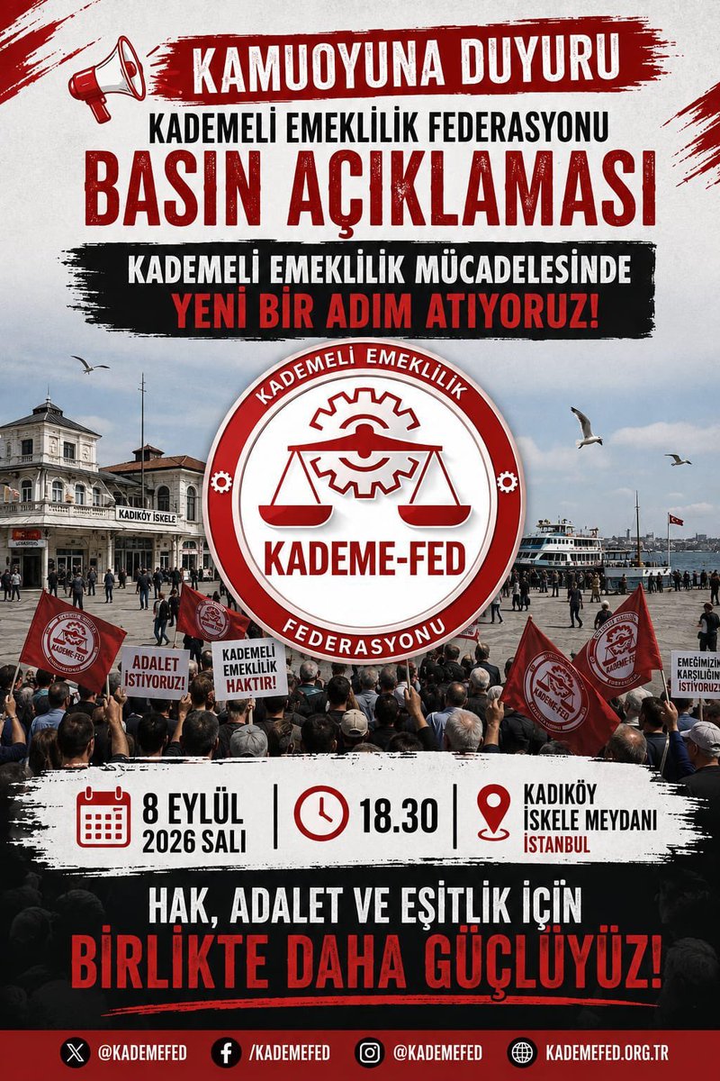 NiLUFER__57's tweet photo. Sadece bugünümüz için değil, yarınlarımız ve çocuklarımızın geleceği için

Kademe isteyenler Kadıköy’de buluşuyor

📅 08 Eylül 2026
📍 Kadıköy İskele Meydanı
⏰ 18.30

@KademeFed 
KADEME-FED
Kademeli Emeklilik Federasyonu
#KademeliEmeklilik
#GündemimizKademe
#KademeOlmadanOlmaz https://t.co/ODt3KFCbuK