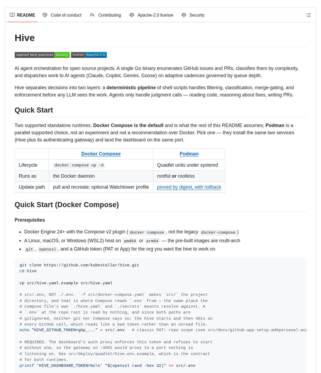 Hive README screenshot showing deterministic backlog routing and agent dispatch for GitHub projects