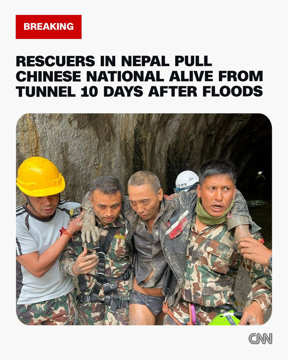 cnni's tweet photo. Rescuers in Nepal pull Chinese national alive from a hydropower tunnel 10 days after floods caused devastation on the border. 

Follow live updates: https://t.co/Grh9nlUfEX https://t.co/4wZdn28PMy