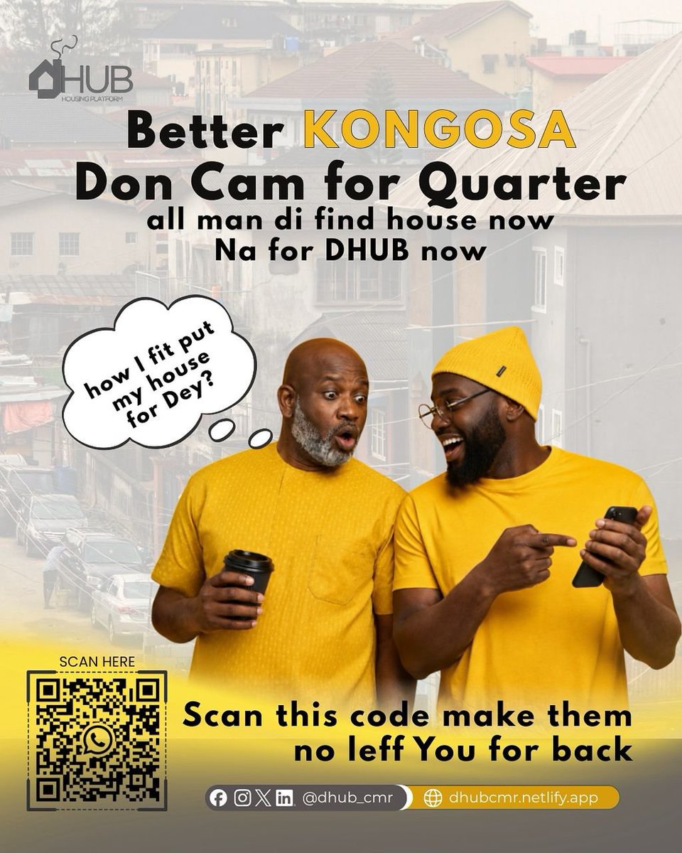DHUB_CMR's tweet photo. Kongosa don cam for house hunting? Forget the long story.

No more moving from quarter to quarter or relying on “I hear say one house dey.”

With DHUB, search, find, and get your next home with ease.

#DHUB #DHUBCMR #HouseHunting #RentInCameroon #CameroonRealEstate https://t.co/fHJyk9TAEp