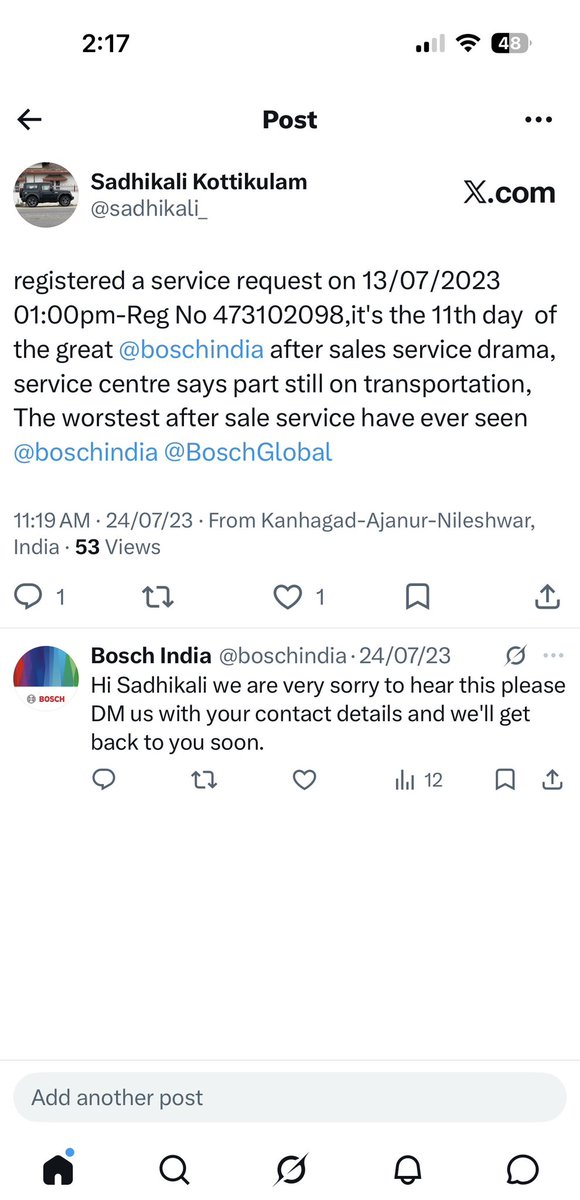 sadhikali_'s tweet photo. This is a repeat of the same issue I faced with Bosch in 2023. Technician visited on 29 Aug and ordered the parts; now I’m told they’ll arrive only on 9 Sep. 11 days just to receive parts is unacceptable after-sales service. @boschindia @BoschGlobal 👎 https://t.co/DIBnPXl4SE