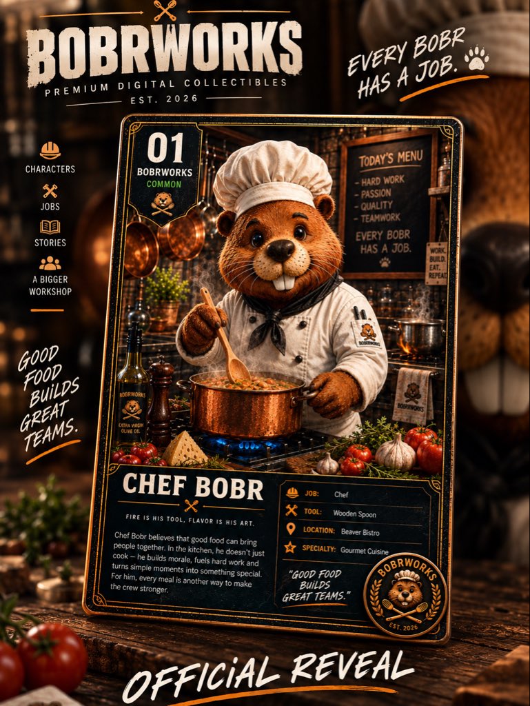 BobrWorks's tweet photo. @pikochanart Fresh from the Workshop. 🦫🔥

CHEF BOBR #01
Our first BOBRWORKS character and the beginning of something much bigger. 👨‍🍳⚒️

Every BOBR has a job. https://t.co/cMG7ljUZNc