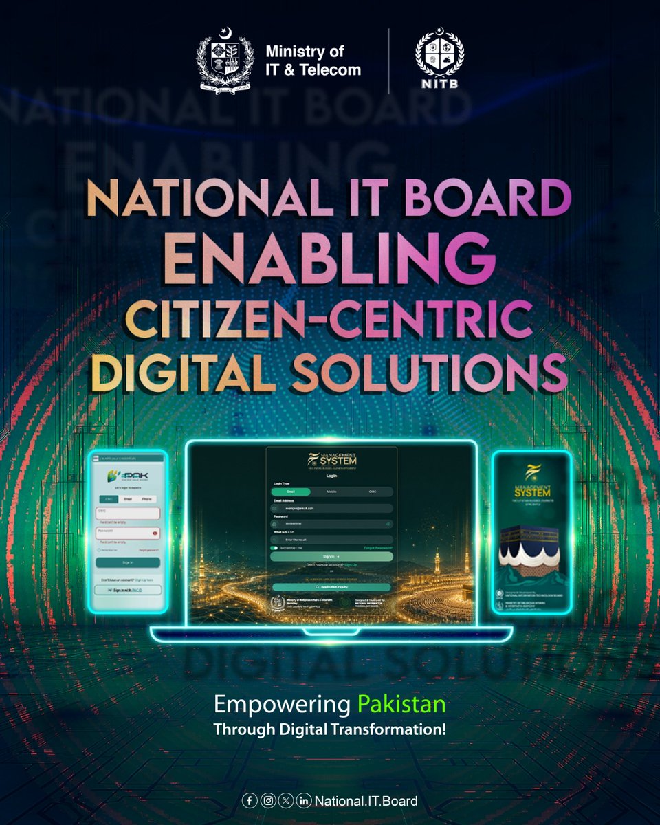NationalITBoard's tweet photo. #NITB is advancing #Pakistan’s #digitaltransformation by delivering citizen-centric #publicservices through #PAKAPP and the #PakHajjApp & Portal. Across #Pakistan, these solutions make services more accessible, efficient, transparent & digitally connected.
#MoITT #MoRA https://t.co/D3E1jdpniU