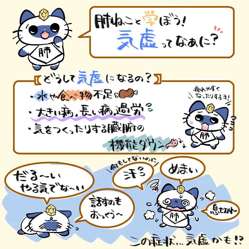 acupuncturenya's tweet photo. 「気虚」は、東洋医学でいう“身体を動かすエネルギーが不足している状態”🔋💦

疲れやすい・だるい・息切れなどが出ることも。

そんな時は無理をせずしっかり休んで、バランスのよい食事や睡眠を大切に🌿

次回は「気」そのものを見ていきます🐱

#にゃーちゃん鍼灸院
#東洋医学
#五行ねこ https://t.co/Y9LbkWeyf8