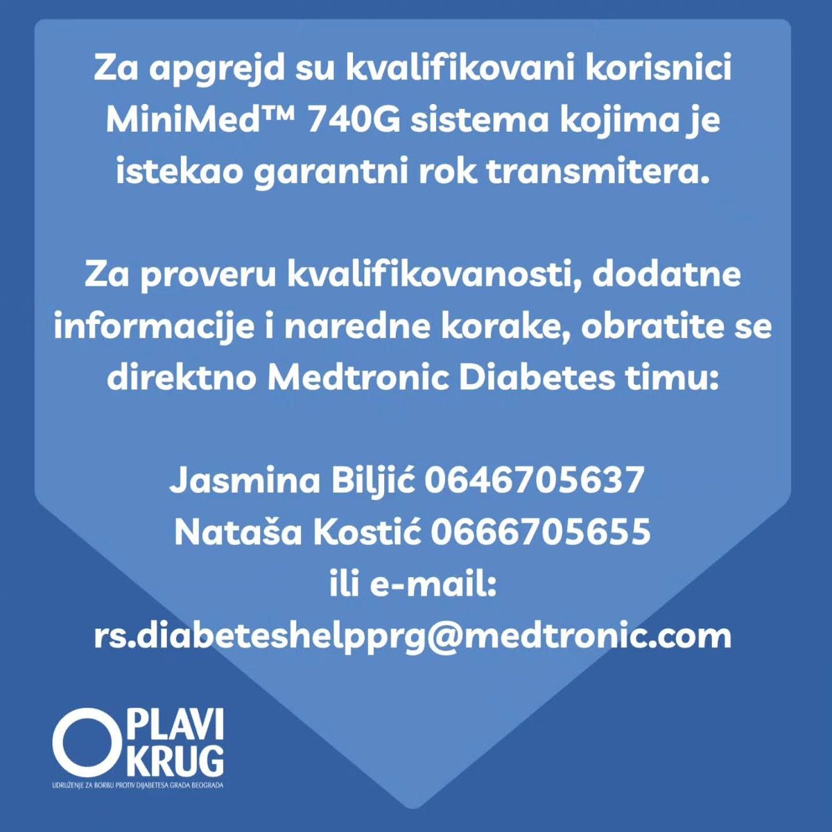 PlaviKrug's tweet photo. 📢Delimo važnu informaciju za korisnike MiniMed™ 740G sistema. 
👉 Za proveru kvalifikovanosti, dodatne informacije i naredne korake, obratite se direktno Medtronic Diabetes timu čiji kontakti se nalaze na poslednjem slajdu.
#plavikrug #dijabetes #insulinskapumpa #minimed #740g https://t.co/IdWYLWRI9k