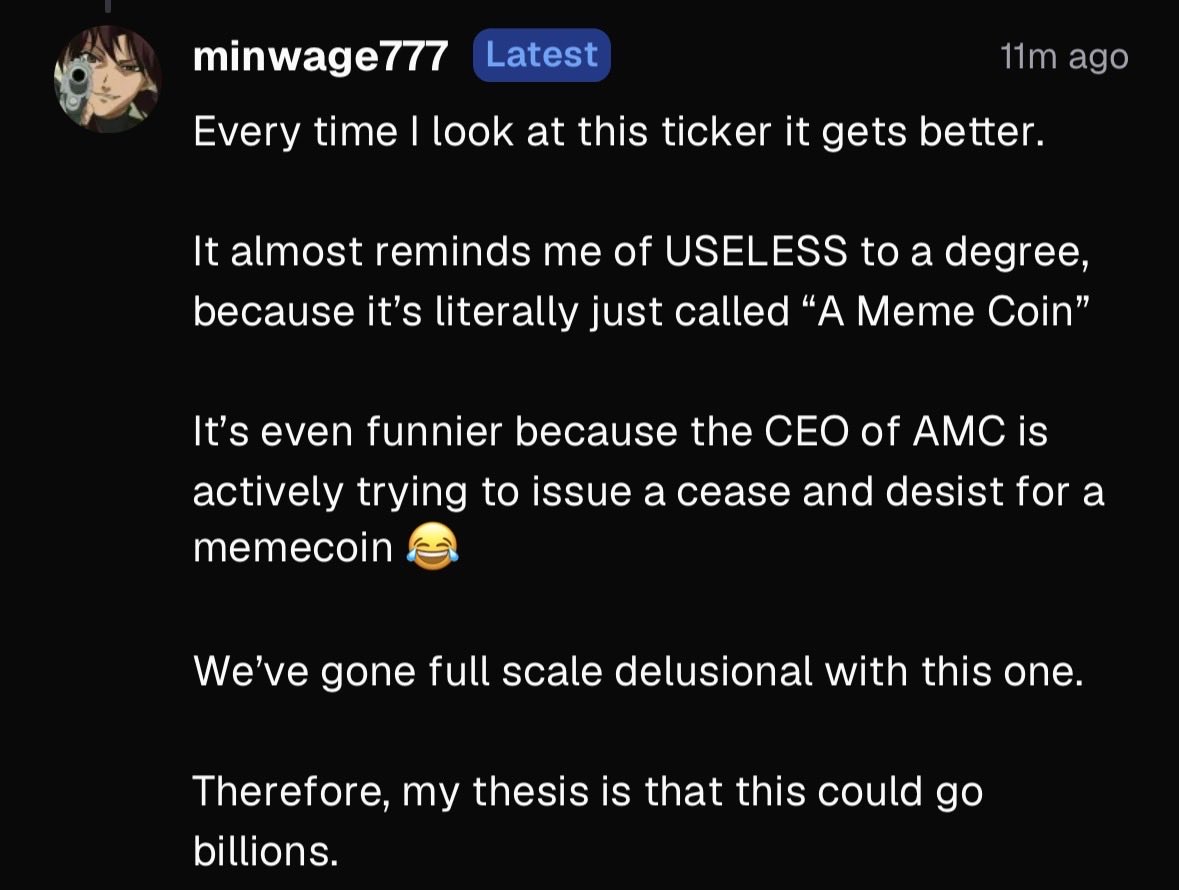minwage777's tweet photo. Delusional?

Or just delusional enough?

I’ll let the market decide. $AMC https://t.co/QG3WT9Heoz