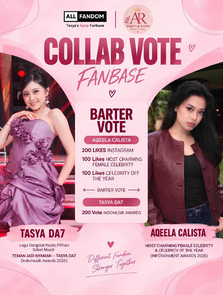 nishaauni's tweet photo. 💗 COLLAB VOTE FANBASE 💗

Jom sama-sama support Aqeela Calista &amp; Tasya DA7! 🫶🏻✨
Satu vote kita sangat bermakna! Jangan lupa LIKE, VOTE &amp; ajak yang lain turut serta! 💕

Different Fandom, Stronger Together! 🤝🏻💗

https://t.co/cBFowsaozm

NANTI KIRIM BUKTI DI KOMEN https://t.co/PO2kJLKywE